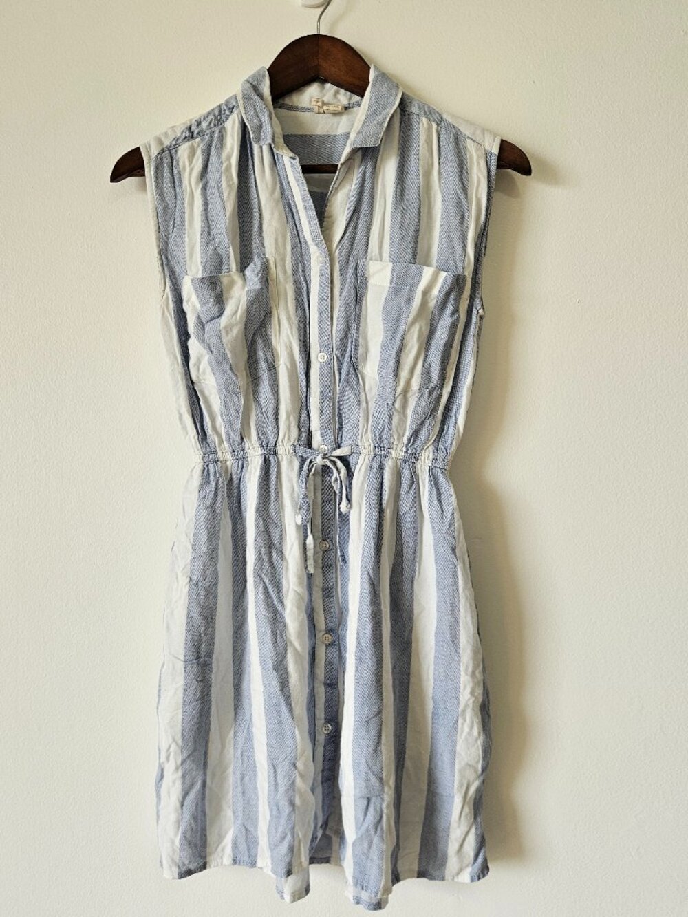 Japna Blue White Sleeveless Shirt Dress XS Buttons Lightweight Pockets